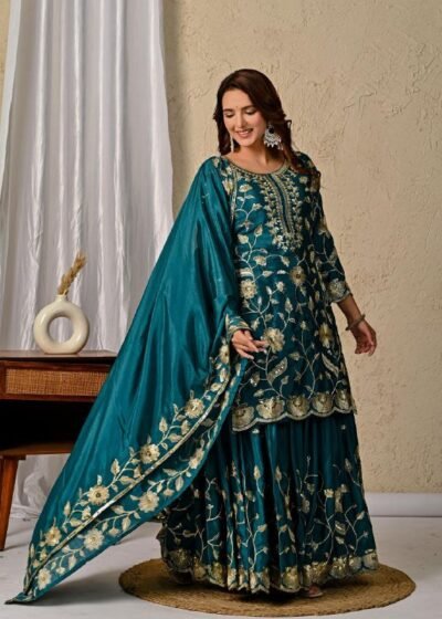 Home Designer Heavy Chinnon Silk Party Wear Top & Lehenga Set with Dupatta – Sequins Embroidery Work