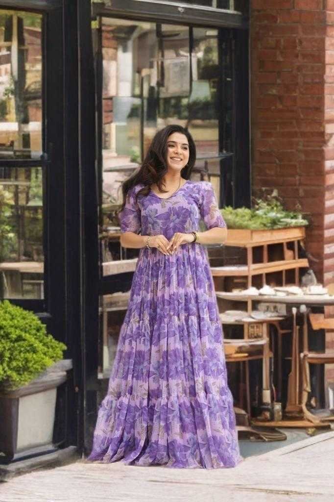 kRAZY-tHREAD-1.jpg Elegant Georgette Printed Gown with Fancy V-Neck – 6 Meter Flair & Full Lining - Image 7