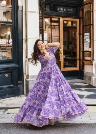 Elegant Georgette Printed Gown with Fancy V-Neck – 6 Meter Flair & Full Lining