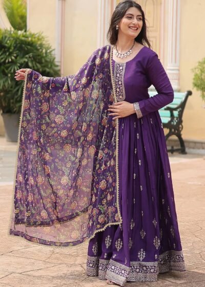 Home "Geetanjali" - Majestic Purple Embroidered Georgette Anarkali Gown