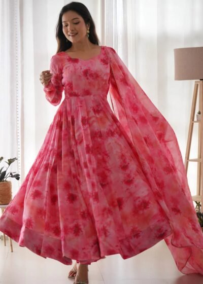 "Pink Coopar" - Charming Printed Georgette Anarkali Gown