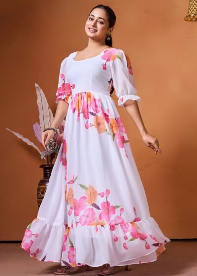 "White Crush" - Graceful Printed Georgette Anarkali Gown