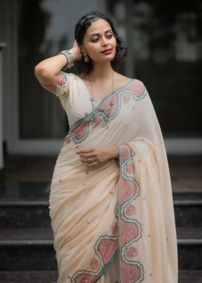 pure linen cotton digital print saree with handmade zalar – rgt phpl 270