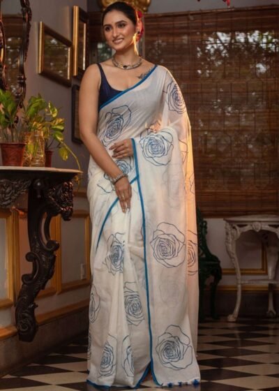 offwhite linen cotton digital print saree with handmade zalar