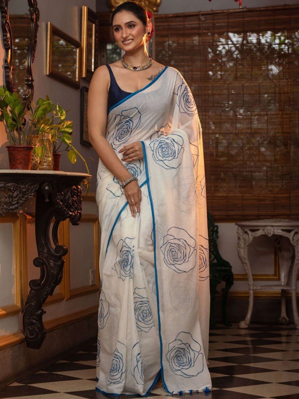 offwhite linen cotton digital print saree with handmade zalar offwhite linen cotton digital print saree with handmade zalar