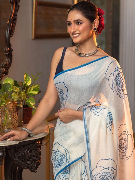 offwhite linen cotton digital print saree with handmade zalar offwhite linen cotton digital print saree with handmade zalar