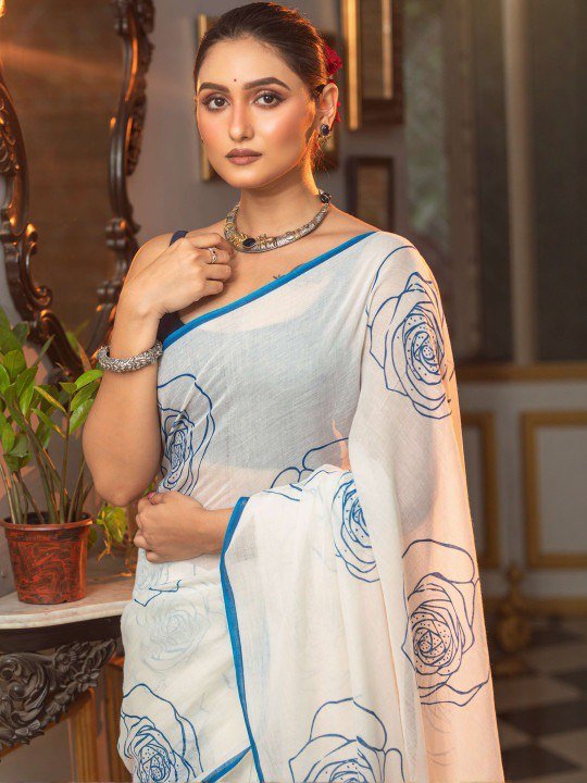offwhite linen cotton digital print saree with handmade zalar offwhite linen cotton digital print saree with handmade zalar
