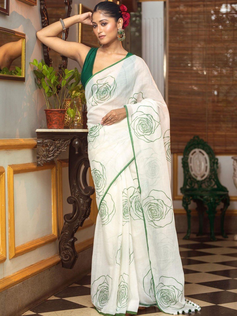 offwhite linen cotton digital print saree with handmade zalar offwhite linen cotton digital print saree with handmade zalar