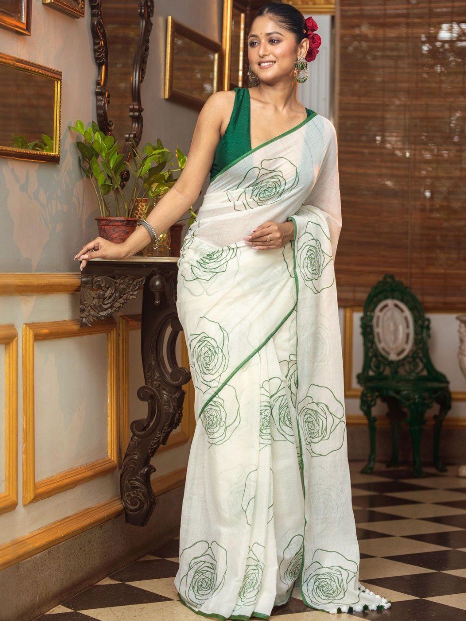 offwhite linen cotton digital print saree with handmade zalar offwhite linen cotton digital print saree with handmade zalar