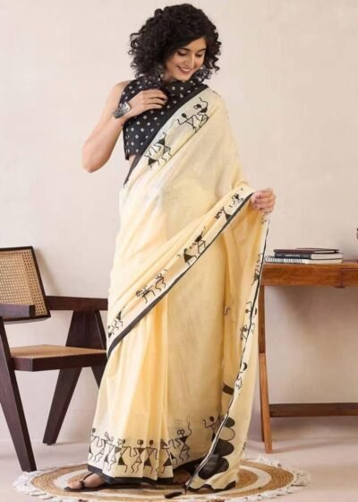 offwhite linen cotton digital print saree with handmade zalar