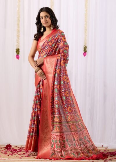 soft lichi silk saree with rich patola weaving & matching contrast blouse