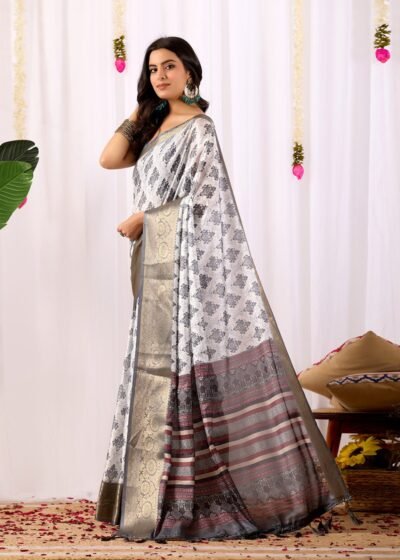 premium soft lichi silk saree with golden zari border & designer contrast blouse