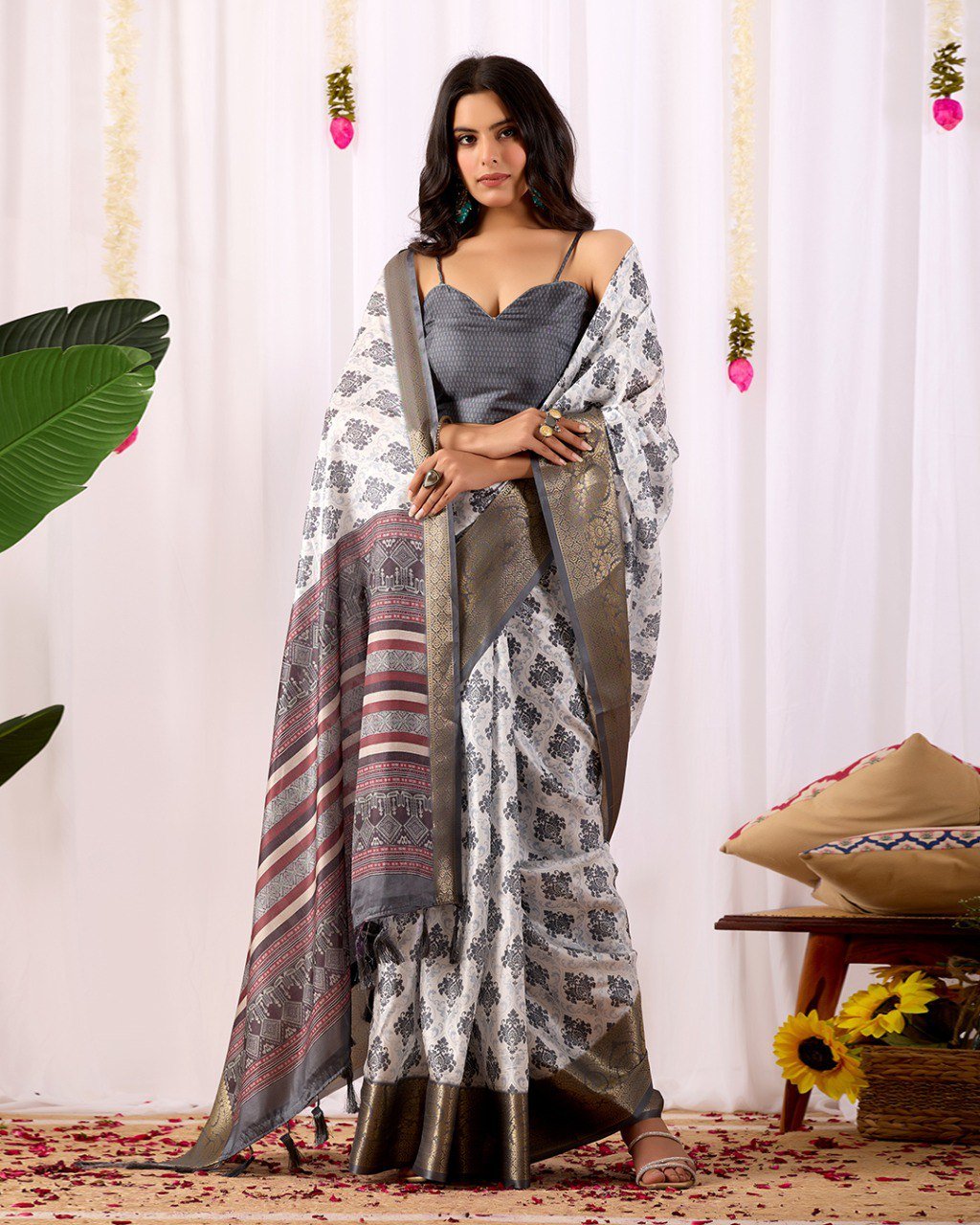 premium soft lichi silk saree with golden zari border & designer contrast blouse premium soft lichi silk saree with golden zari border & designer contrast blouse