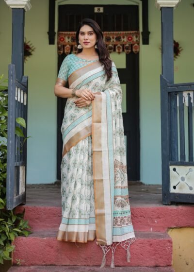 chic off white & turquoise linen cotton saree with geometric motifs