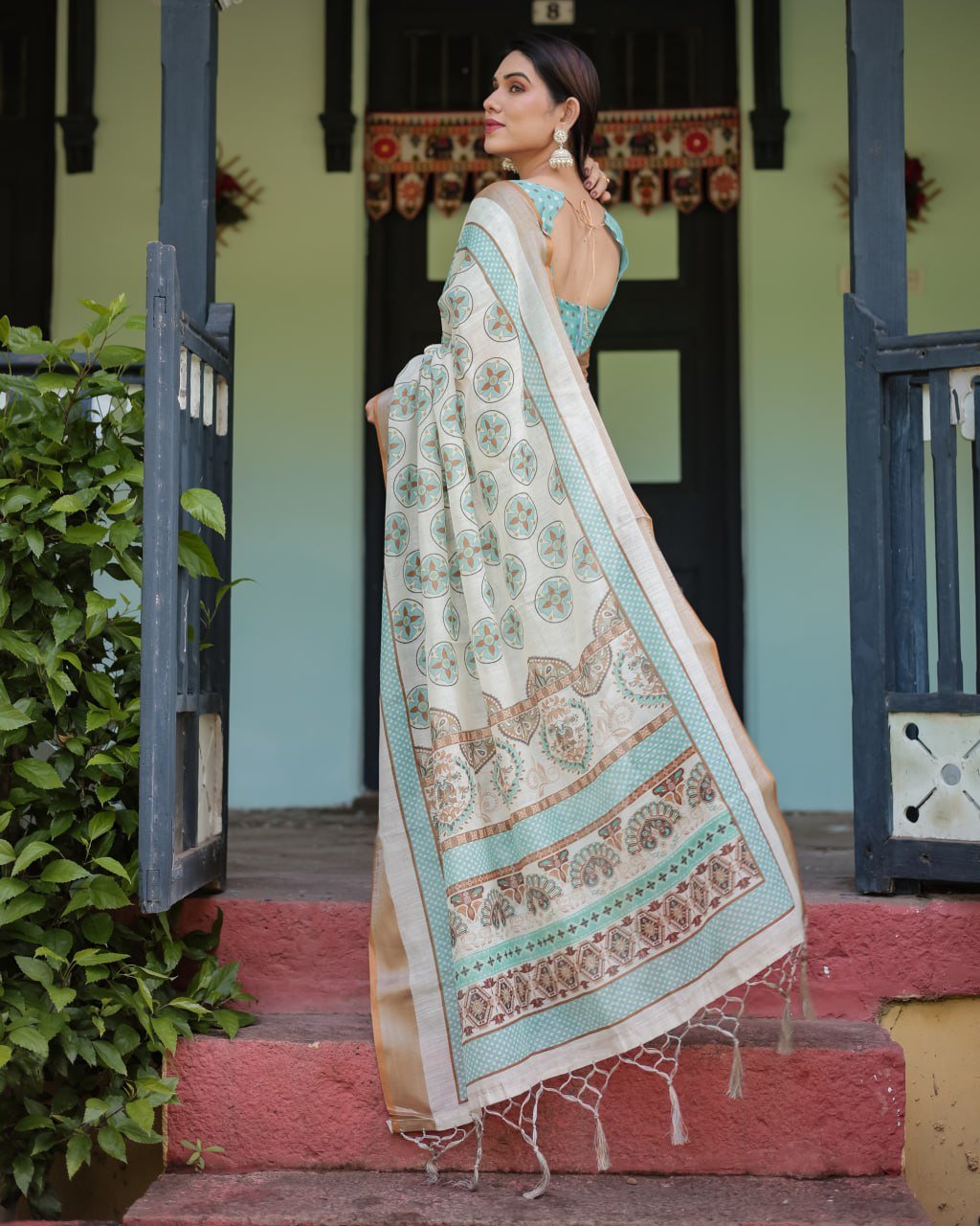 chic off white & turquoise linen cotton saree with geometric motifs chic off white & turquoise linen cotton saree with geometric motifs