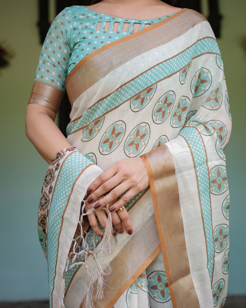 chic off white & turquoise linen cotton saree with geometric motifs chic off white & turquoise linen cotton saree with geometric motifs