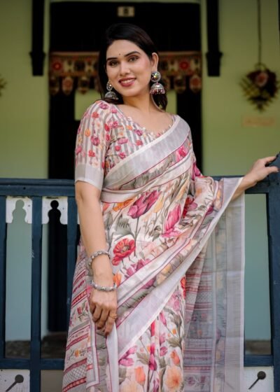 chic off white & turquoise linen cotton saree with geometric motifs